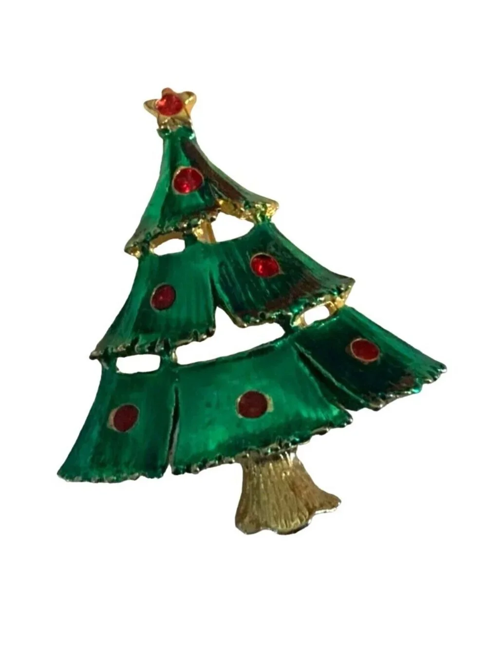 Christmas Tree Pin with Red  Rhinestones Tree Decorations gold tone